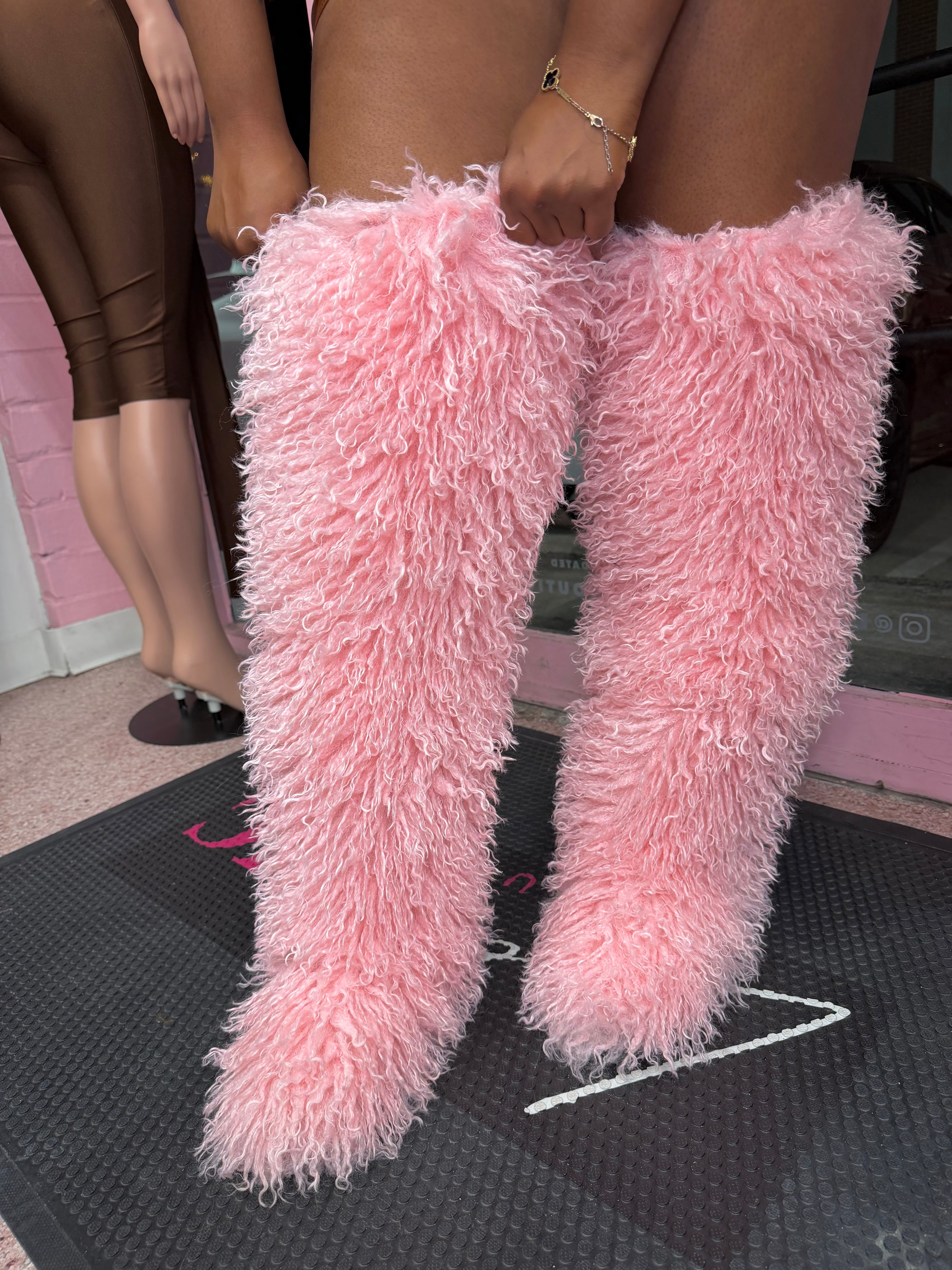 Shaggy Mongolian Fur Thigh High Boots- Pink