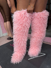 Shaggy Mongolian Fur Thigh High Boots- Pink