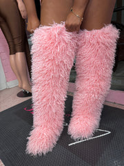Shaggy Mongolian Fur Thigh High Boots- Pink