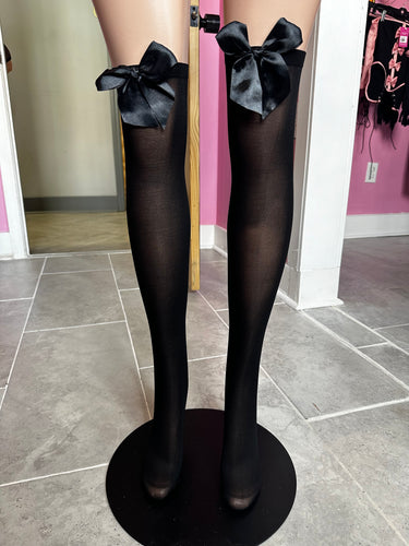 Bow Top Socks Over Knee Sheer Stockings- Black