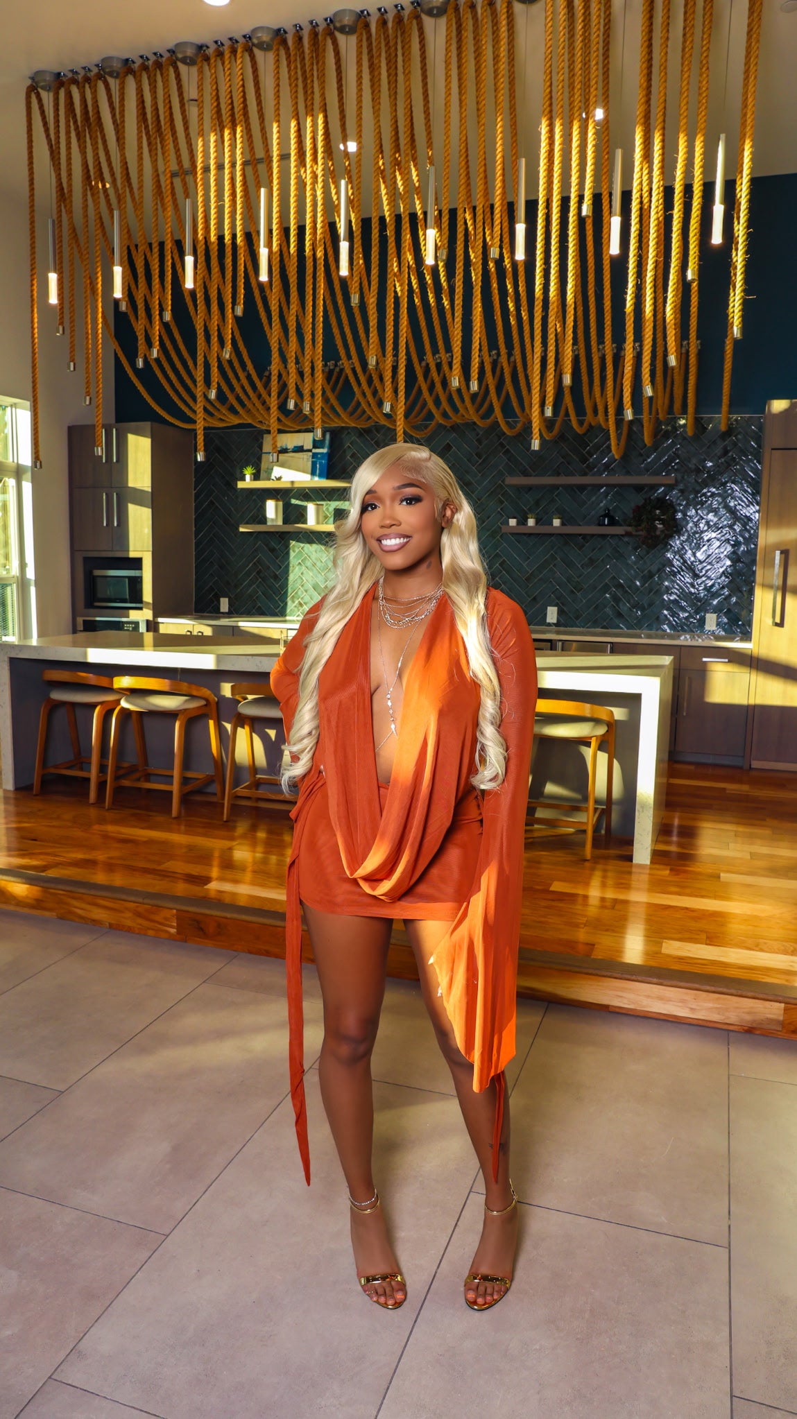 Drip Effect Drape Mini Dress- Rust