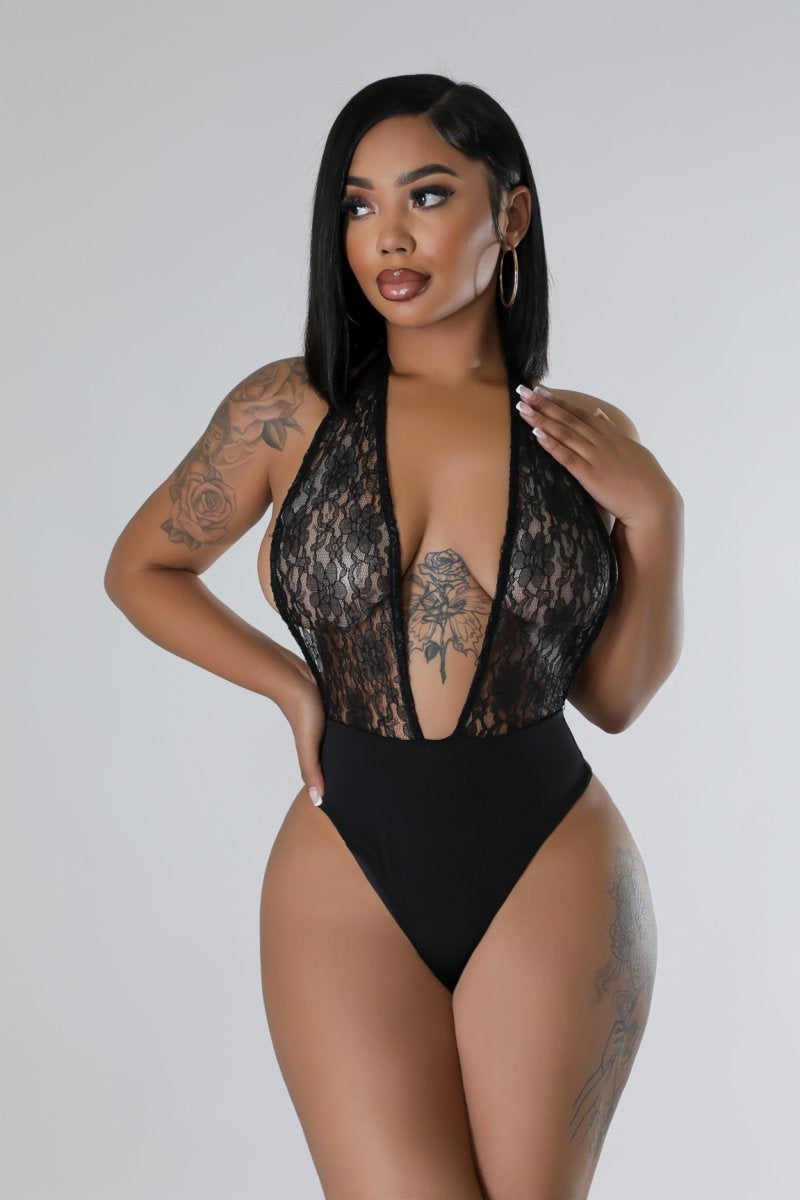 Kiss Of Death Lace Bodysuit Pant Set With Matching Headband- Black