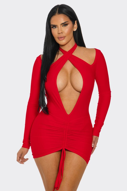 Vivid V-Cut Mini Dress- Red