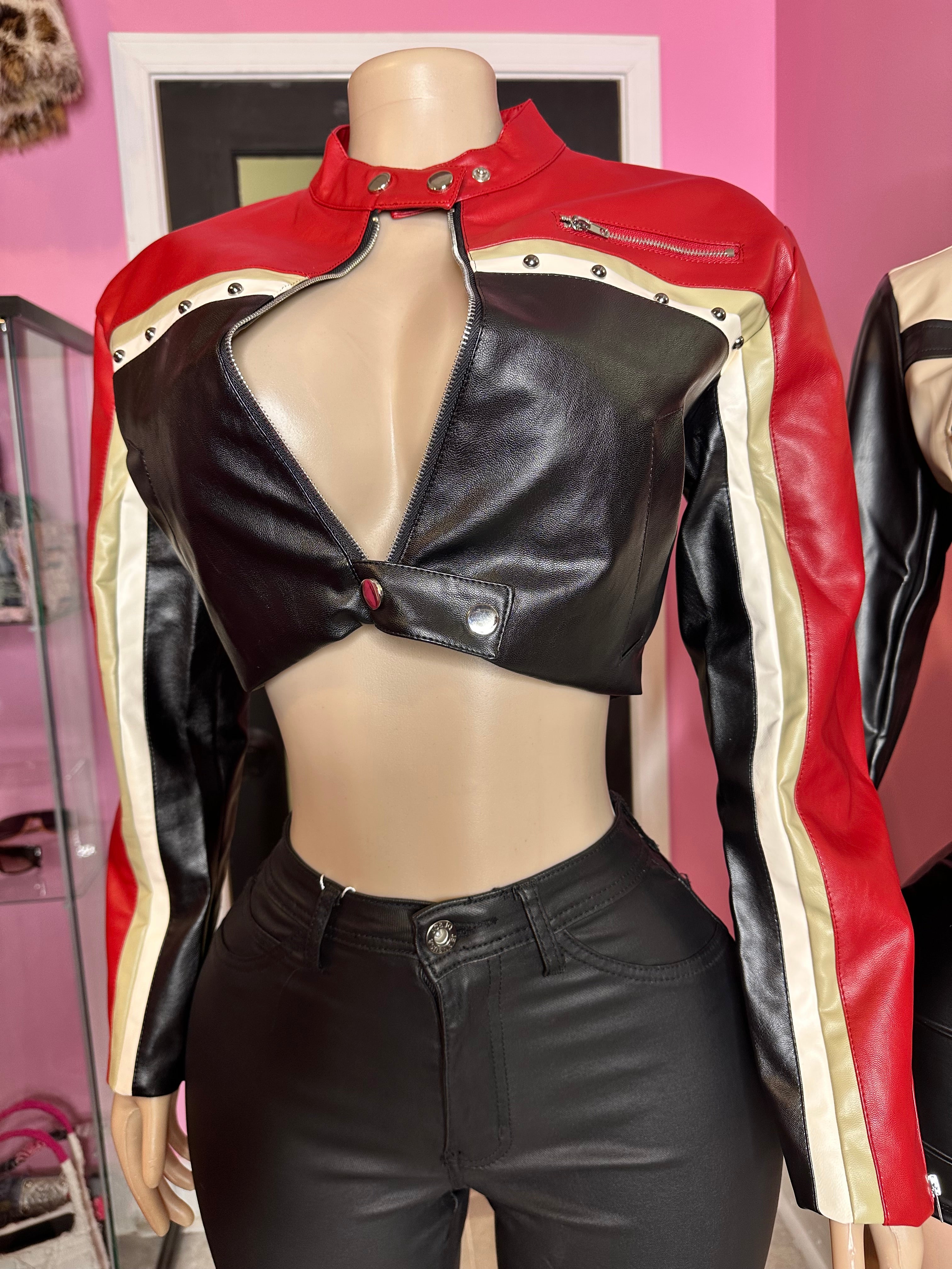 Chic Contrast Leather Crop Jacket- Black/Red