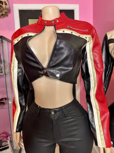 Chic Contrast Leather Crop Jacket- Black/Red