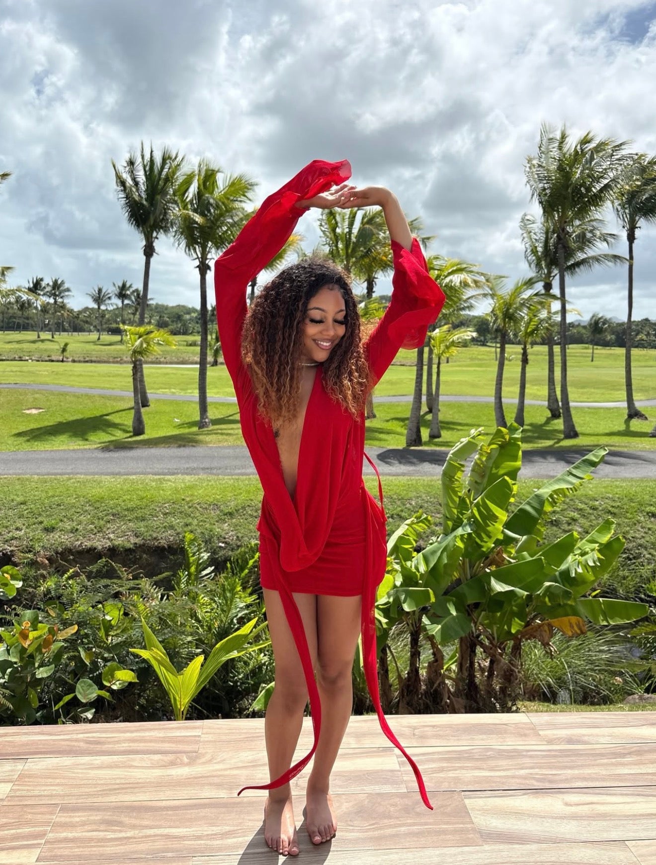 Drip Effect Drape Mini Dress- Red