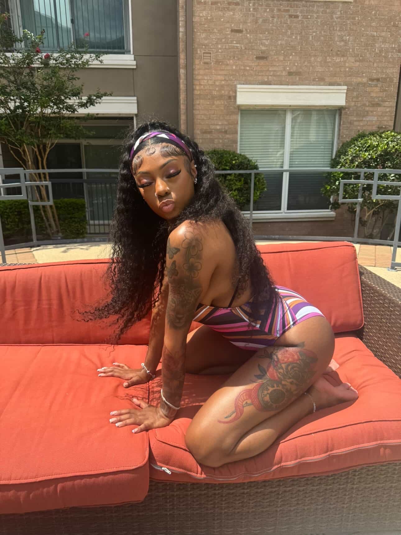 (Pre-Order 8 business Days) 
Fashion Puch Designer Inspired One Piece Swimsuit W/Patterned Neck Scarf- Purple Multi