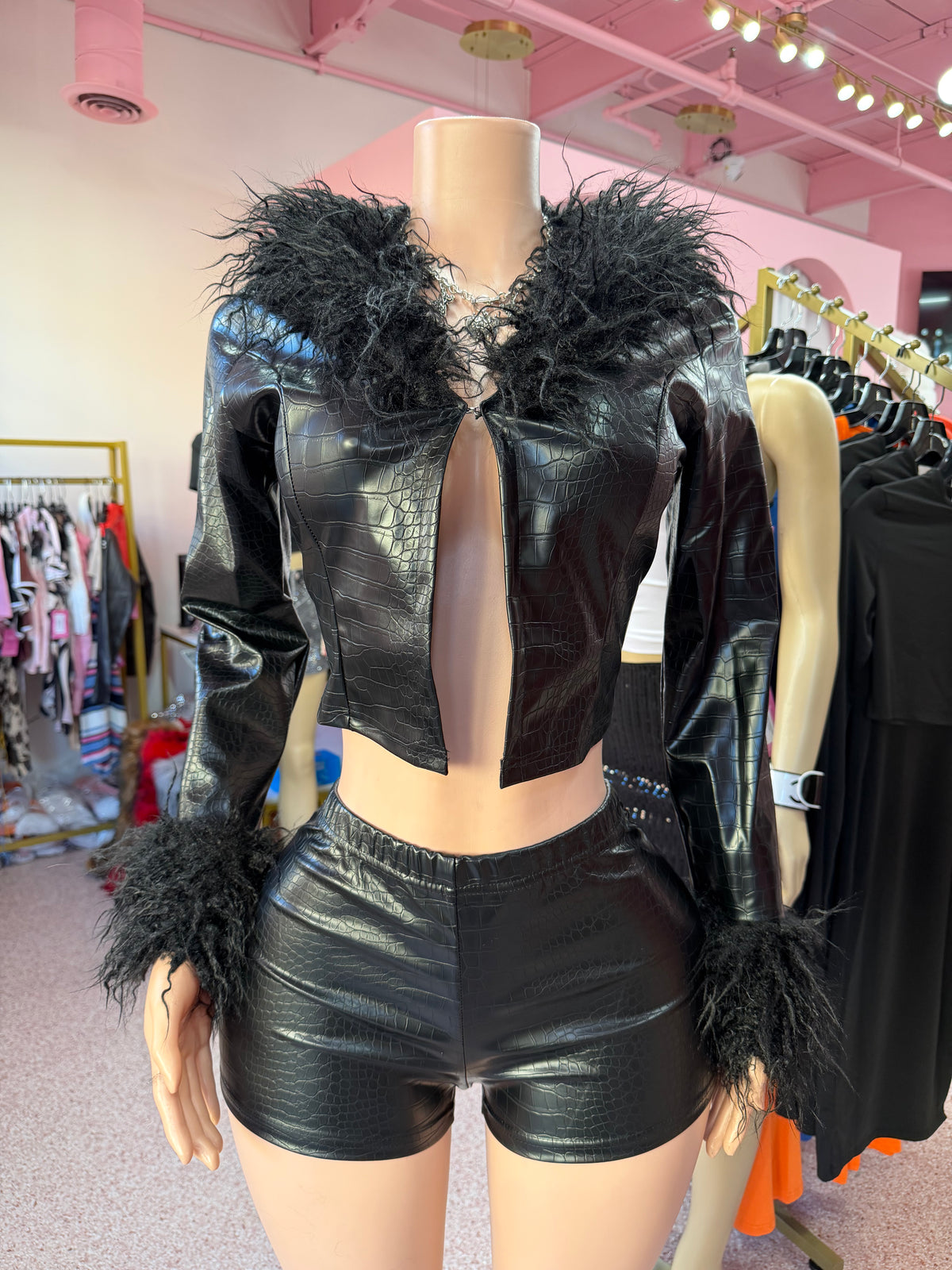 Rich Threat Croc Fur Two-Piece Short Set