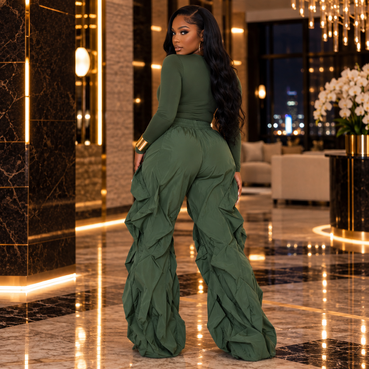 RUFFLE ME UP BODYSUIT & PARACHUTE PANT SET- Olive
