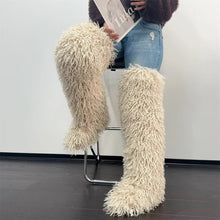 Shaggy Mongolian Fur Thigh High Boots- Beige