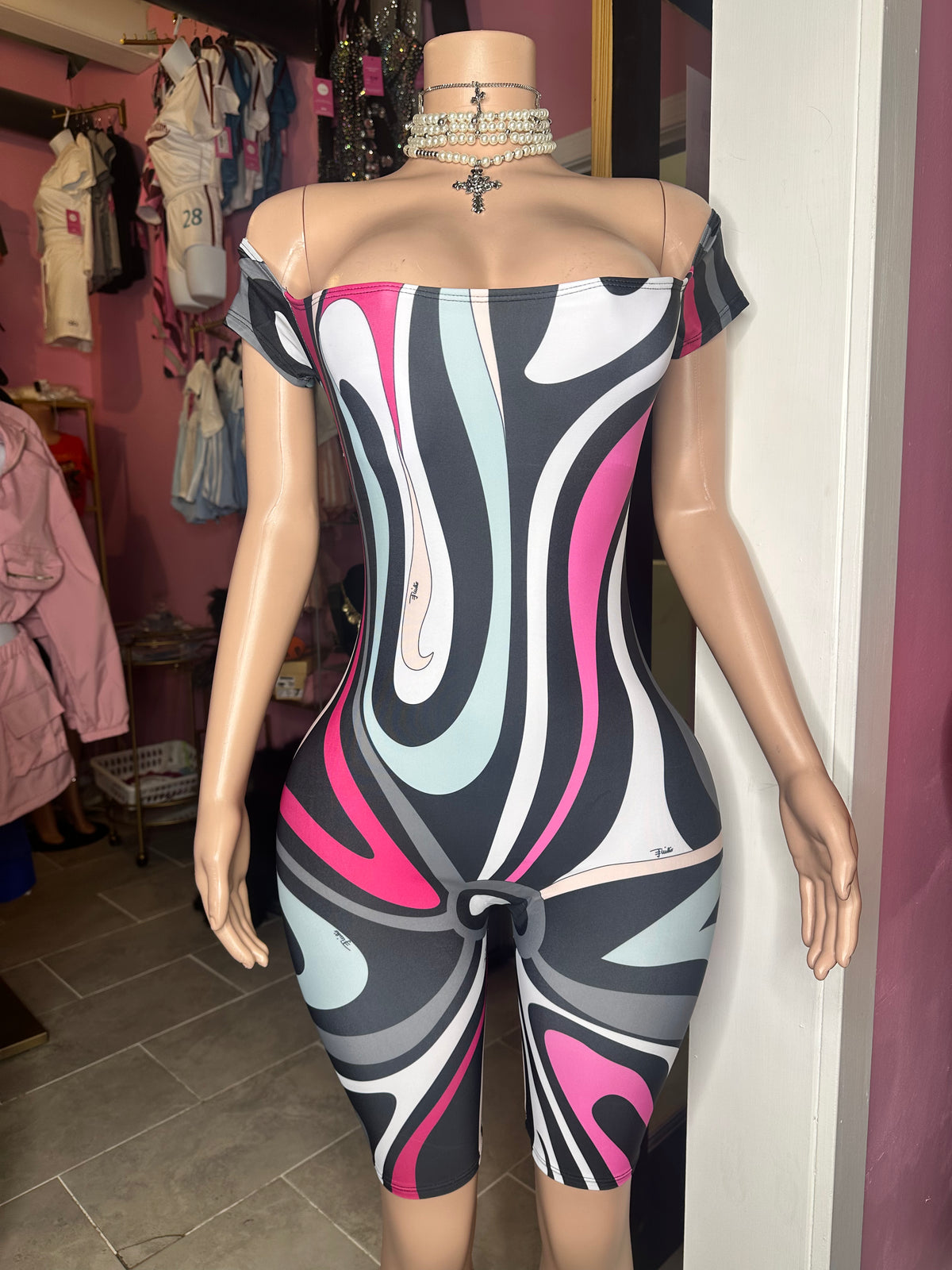 Pucci Girl Off Shoulder Romper- Pink Multi