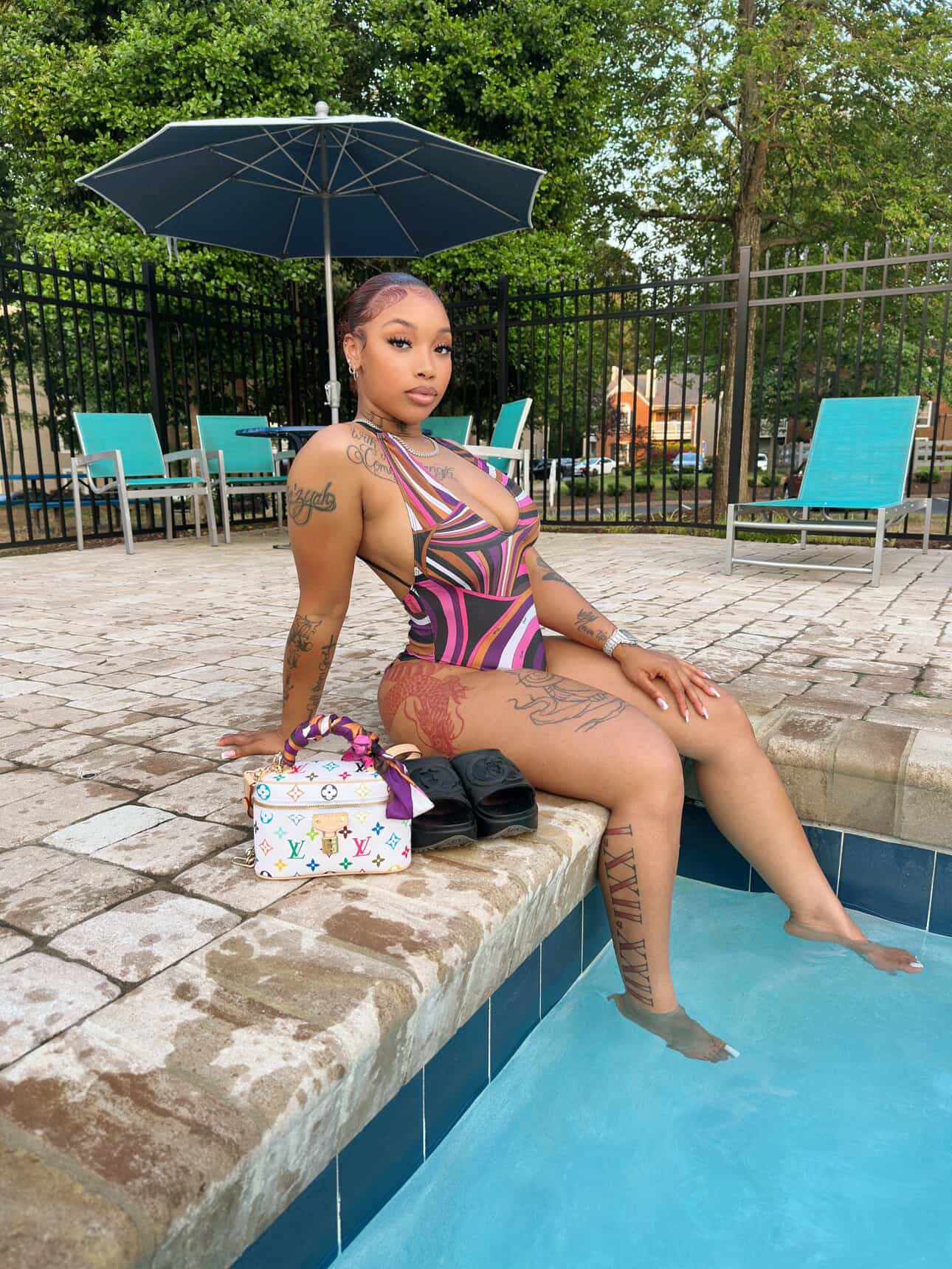 (Pre-Order 8 business Days) 
Fashion Puch Designer Inspired One Piece Swimsuit W/Patterned Neck Scarf- Purple Multi