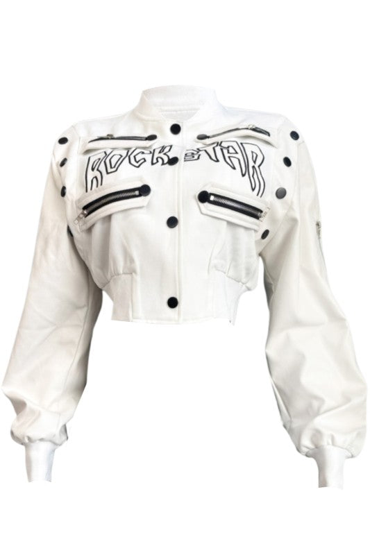 Rockstar Attitude Cropped Bomber Jacket – White