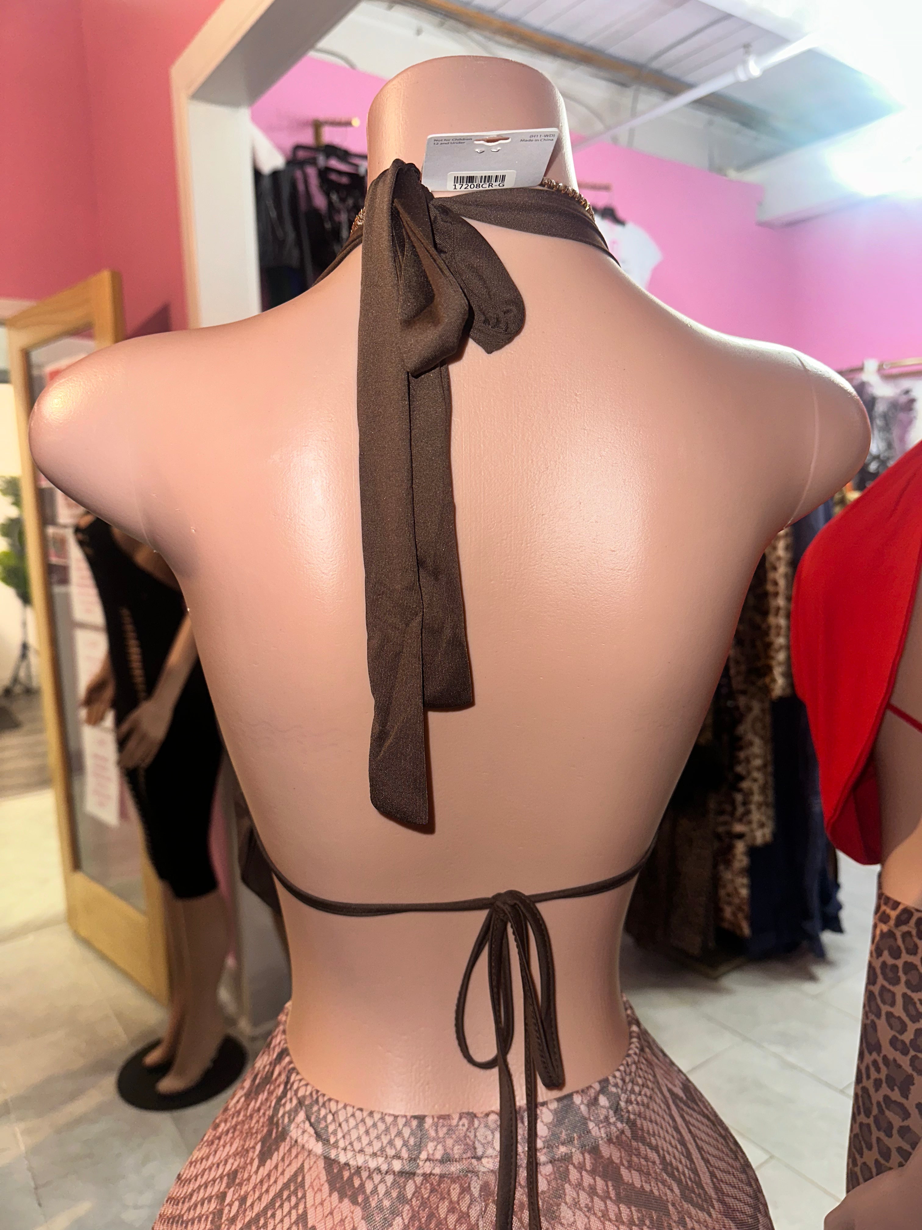 Going Out Tonight Cowl Neck Halter Top- Brown