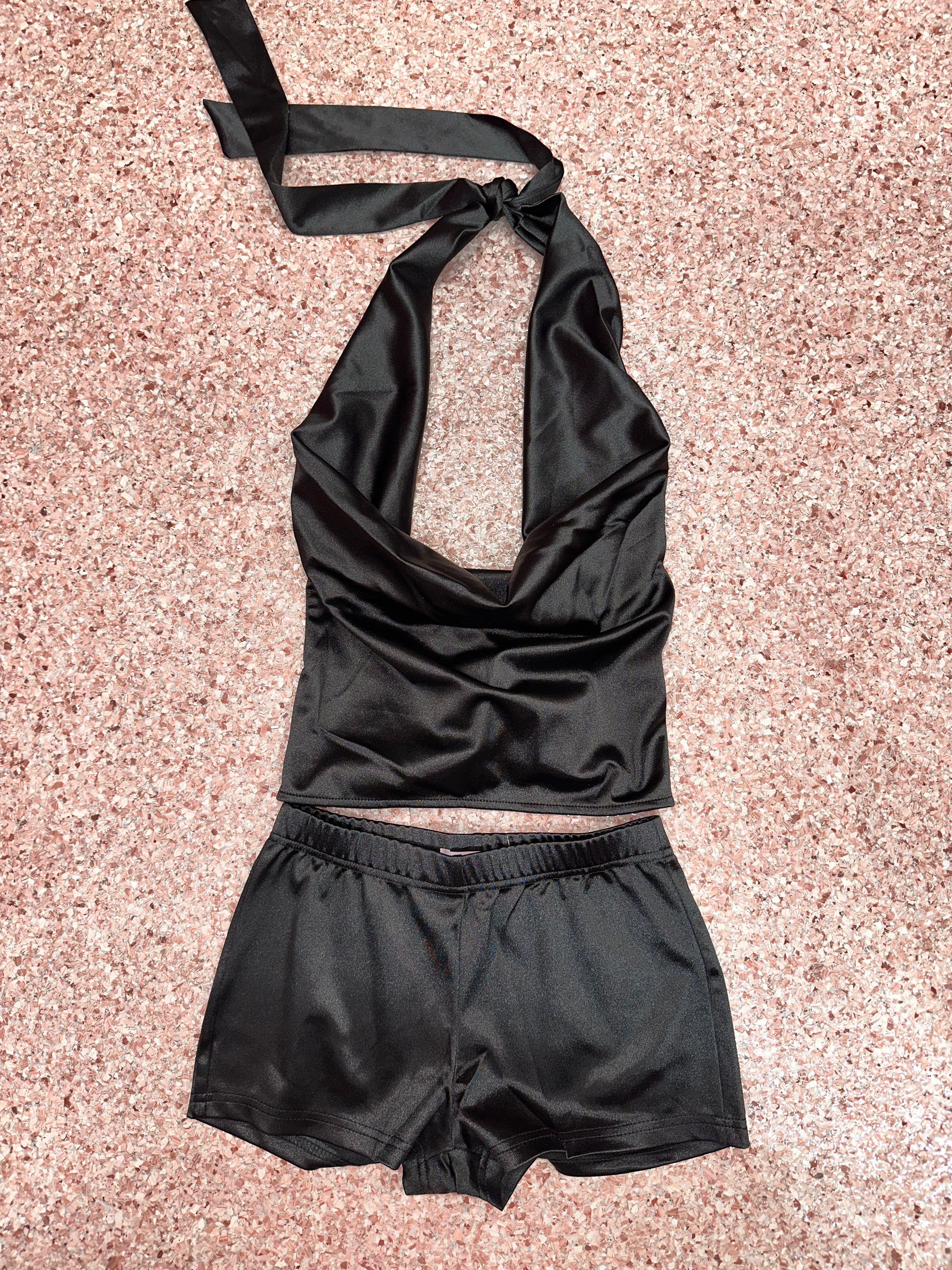 Step It Up Satin Halter Cowl Neck & Short Set- Various Colors