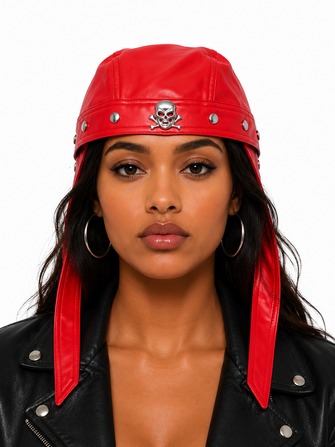 Pu Skull Biker Cap- Red