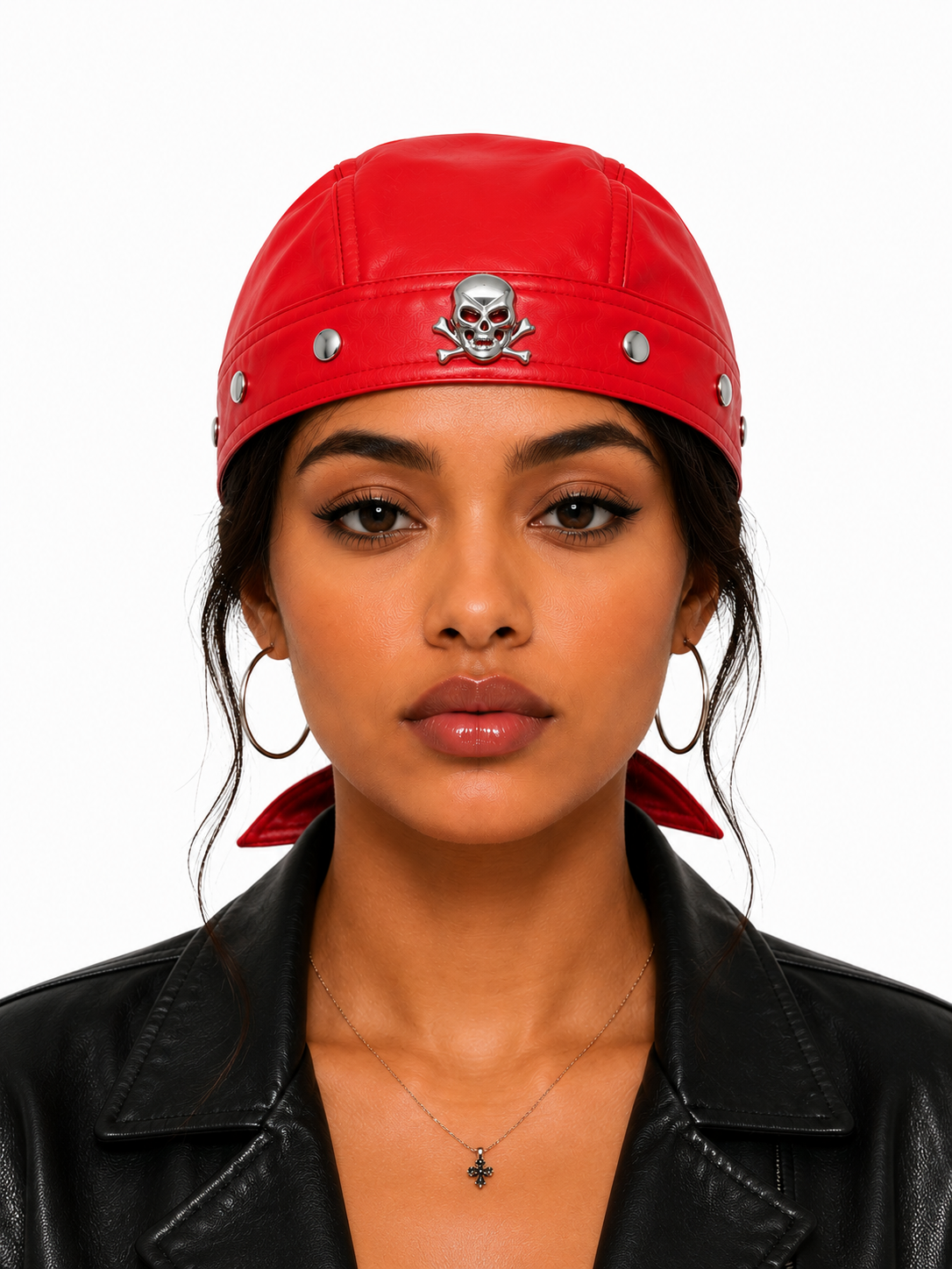 Pu Skull Biker Cap- Red