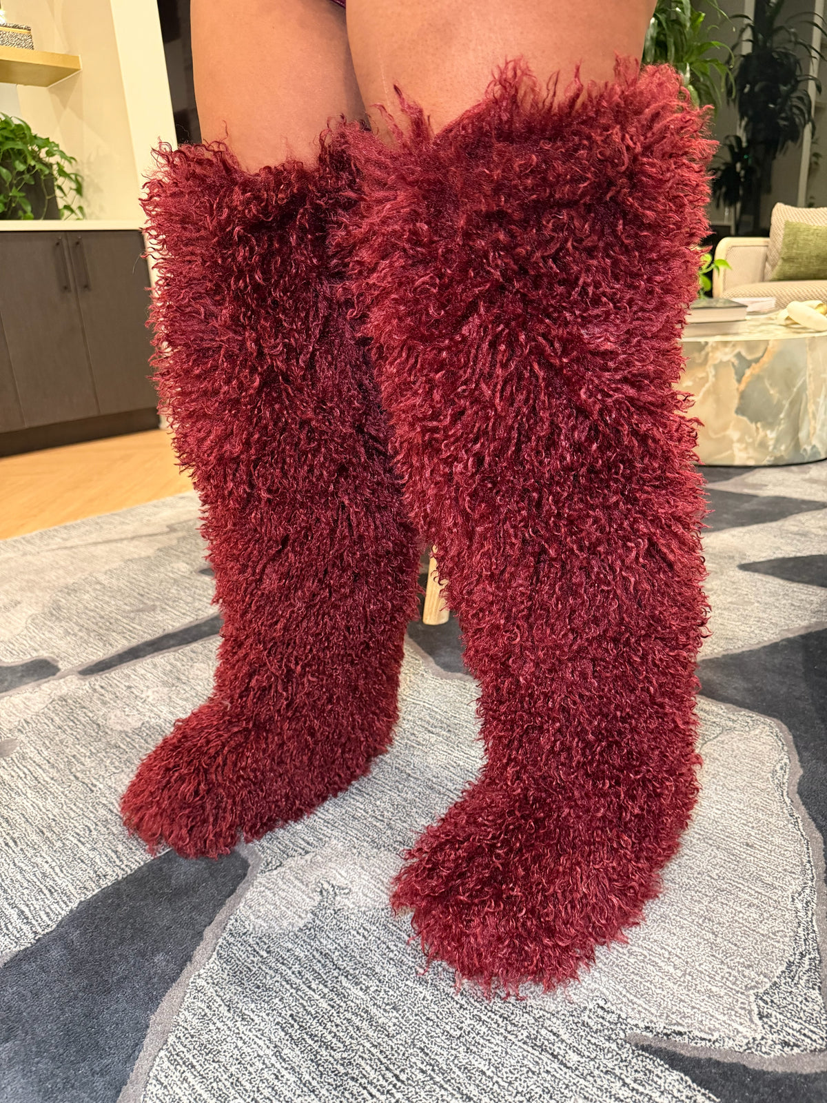Shaggy Mongolian Fur Thigh High Boots- Wine
