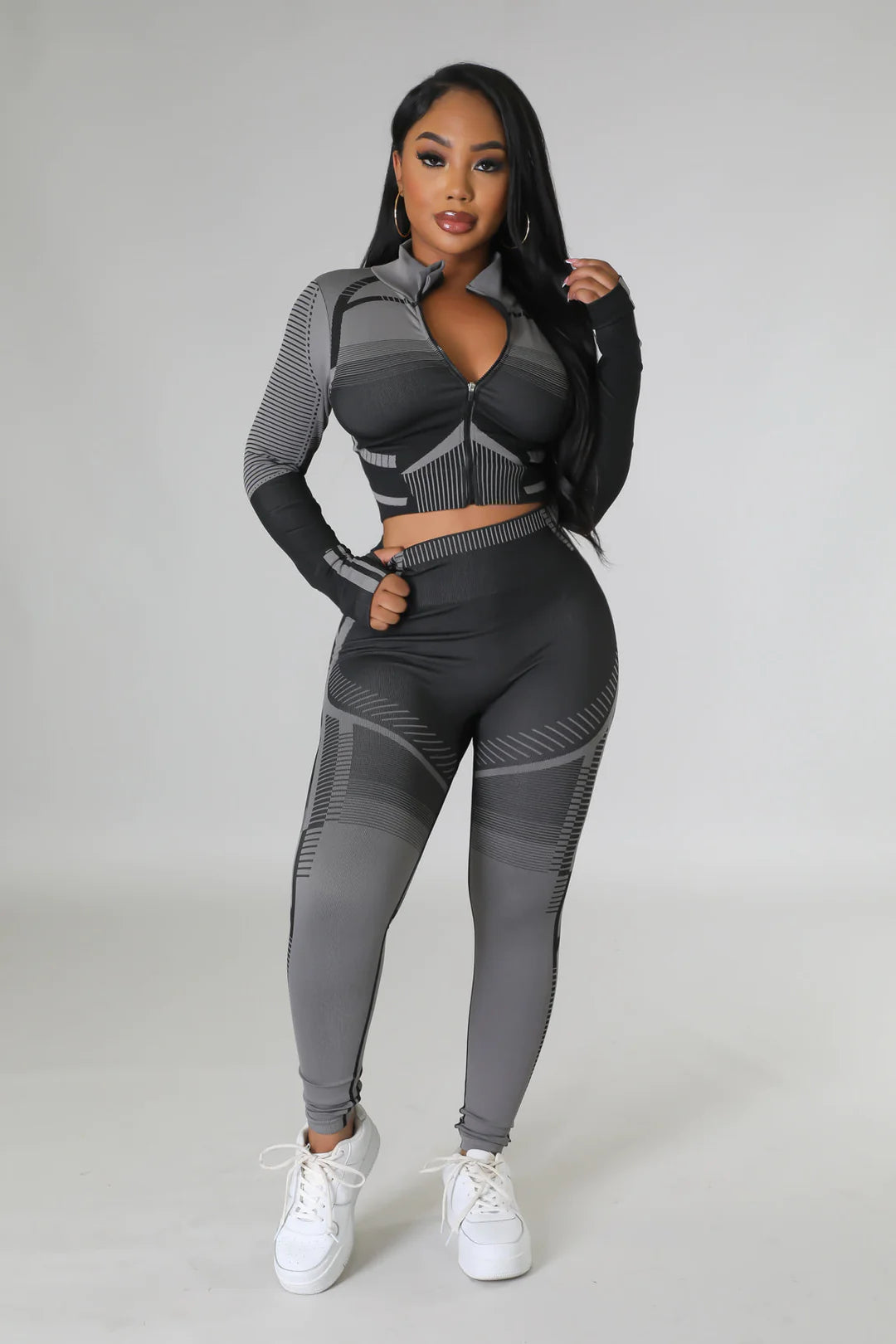 Two-Tone Crop Jacket & Legging Set - Black/Charcoal