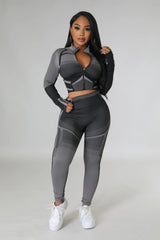 Two-Tone Crop Jacket & Legging Set - Black/Charcoal