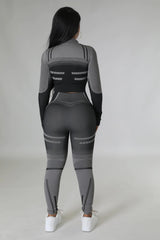 Two-Tone Crop Jacket & Legging Set - Black/Charcoal