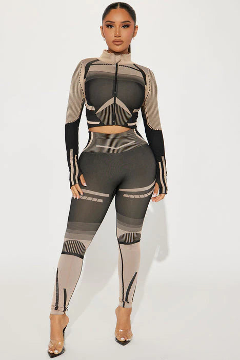 Two-Tone Crop Jacket & Legging Set - Black/Khaki