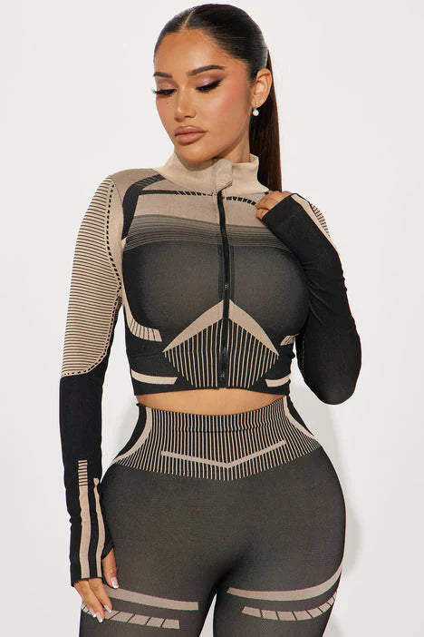 Two-Tone Crop Jacket & Legging Set - Black/Khaki
