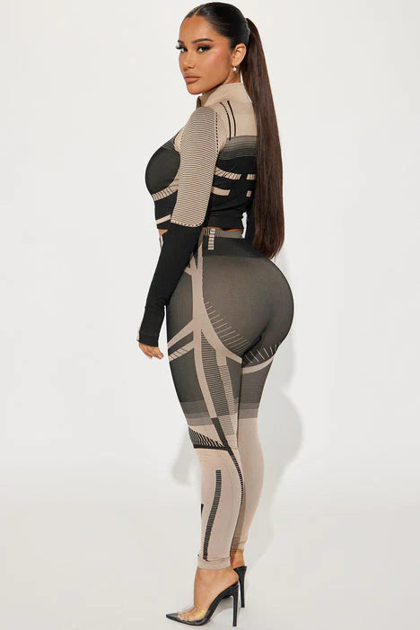 Two-Tone Crop Jacket & Legging Set - Black/Khaki