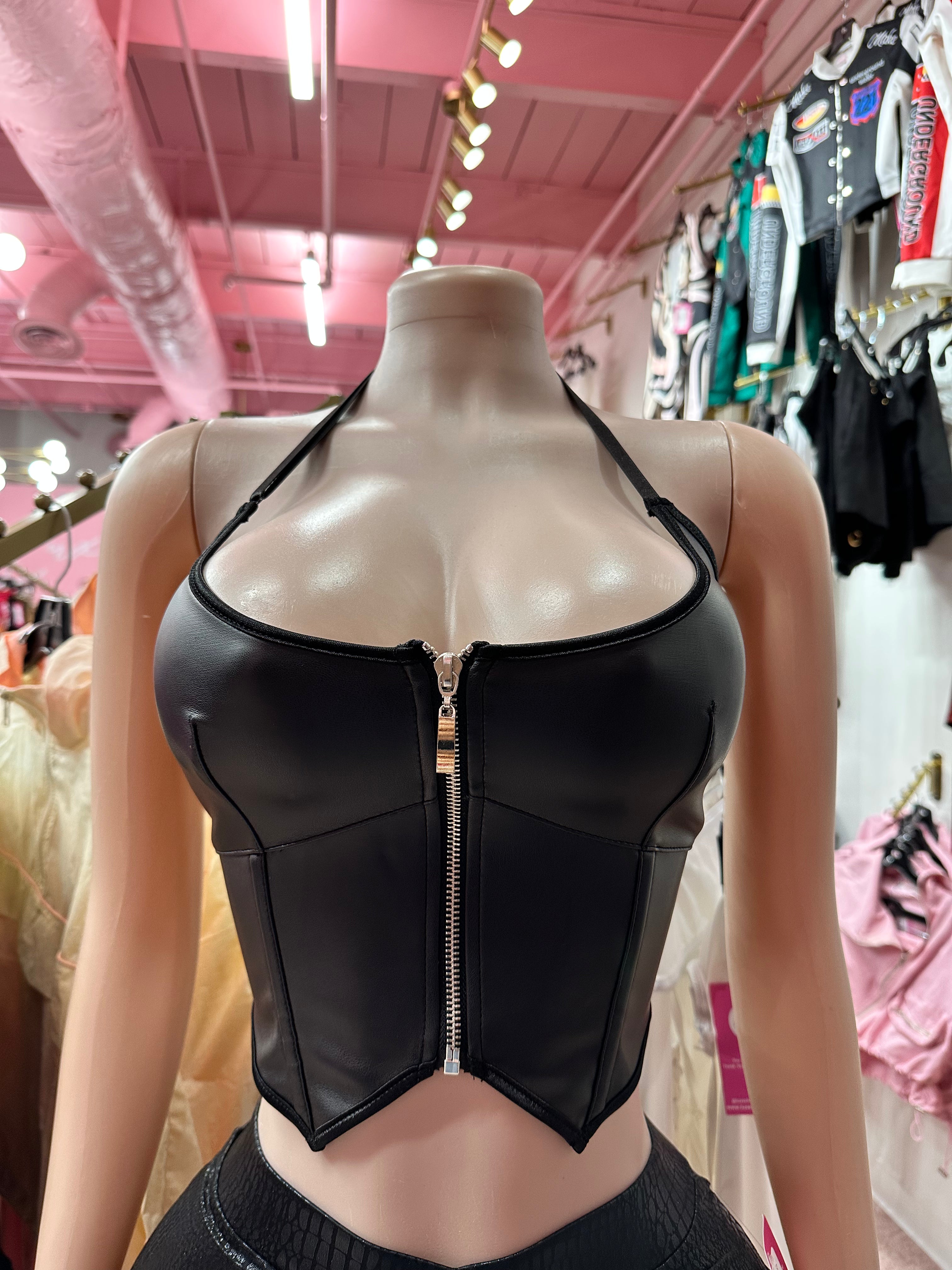 Power Play Halter Bustier – Black Faux Leather