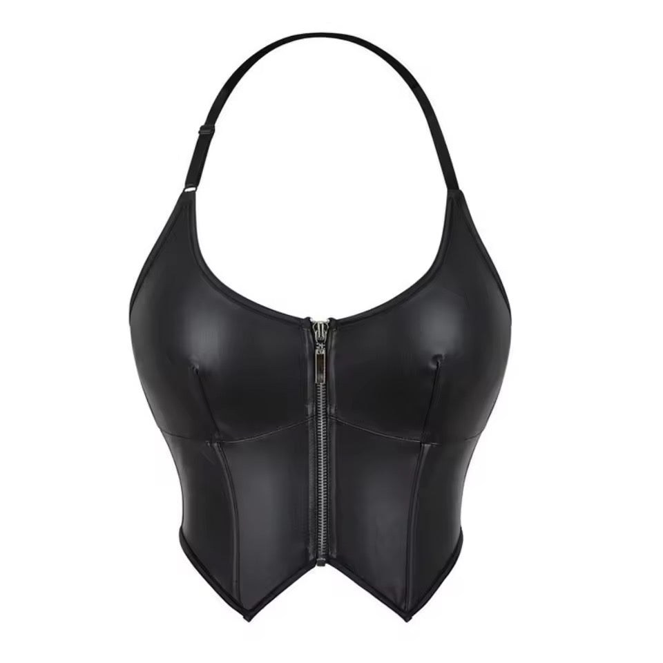 Power Play Halter Bustier – Black Faux Leather