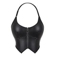Power Play Halter Bustier – Black Faux Leather