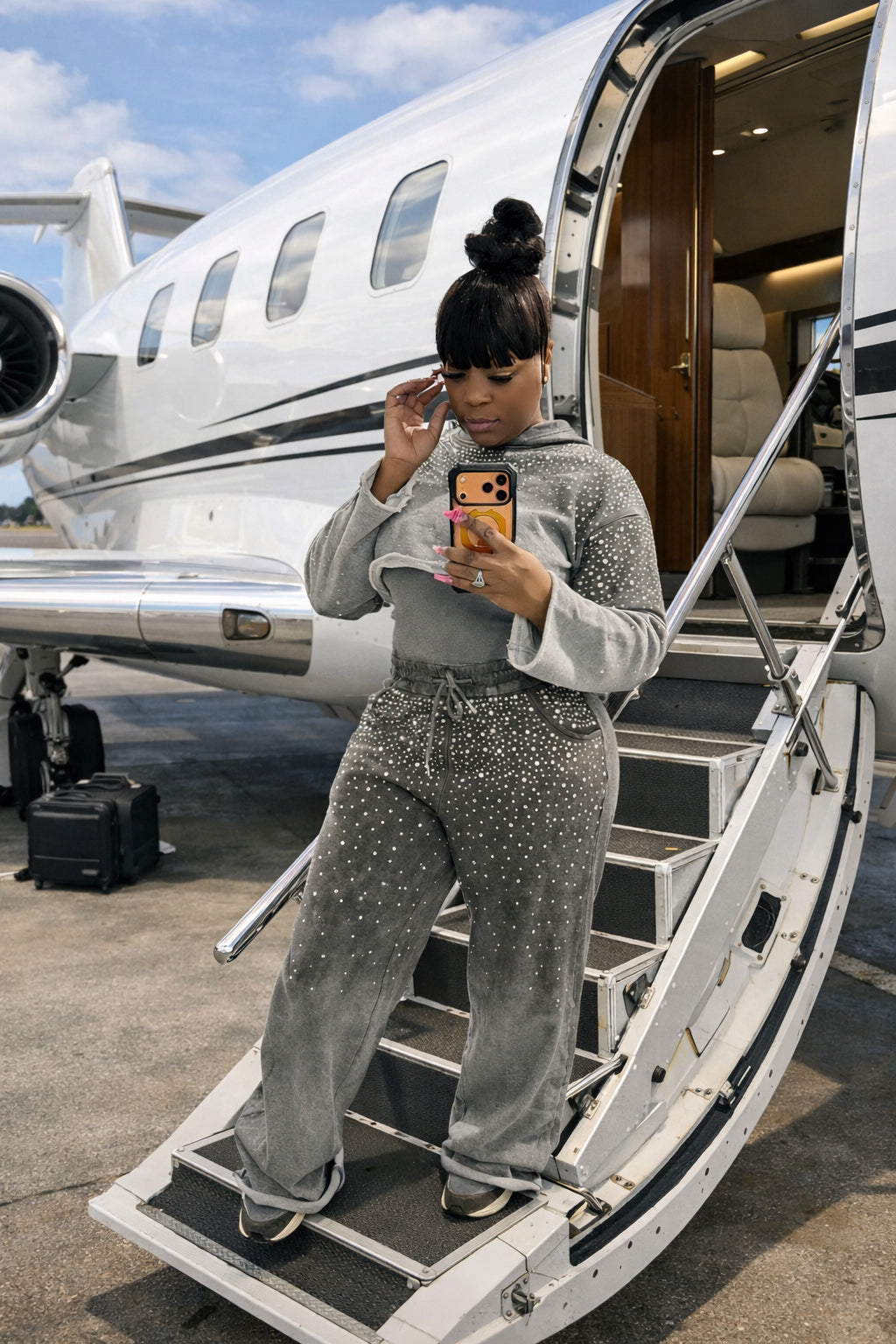 Rhinestone Ombré Hoodie Pant Set – Gray