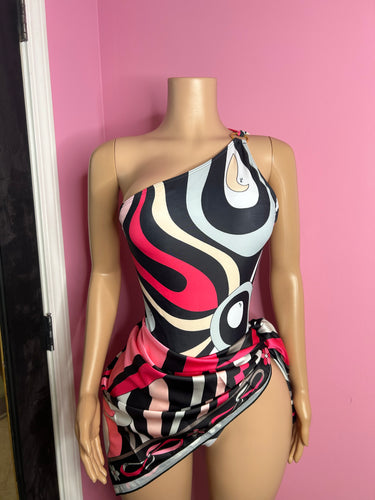 (Pre-Order 8 business Days) Fashion Puch Designer Inspired One Piece Swimsuit W/Scarf- Multi