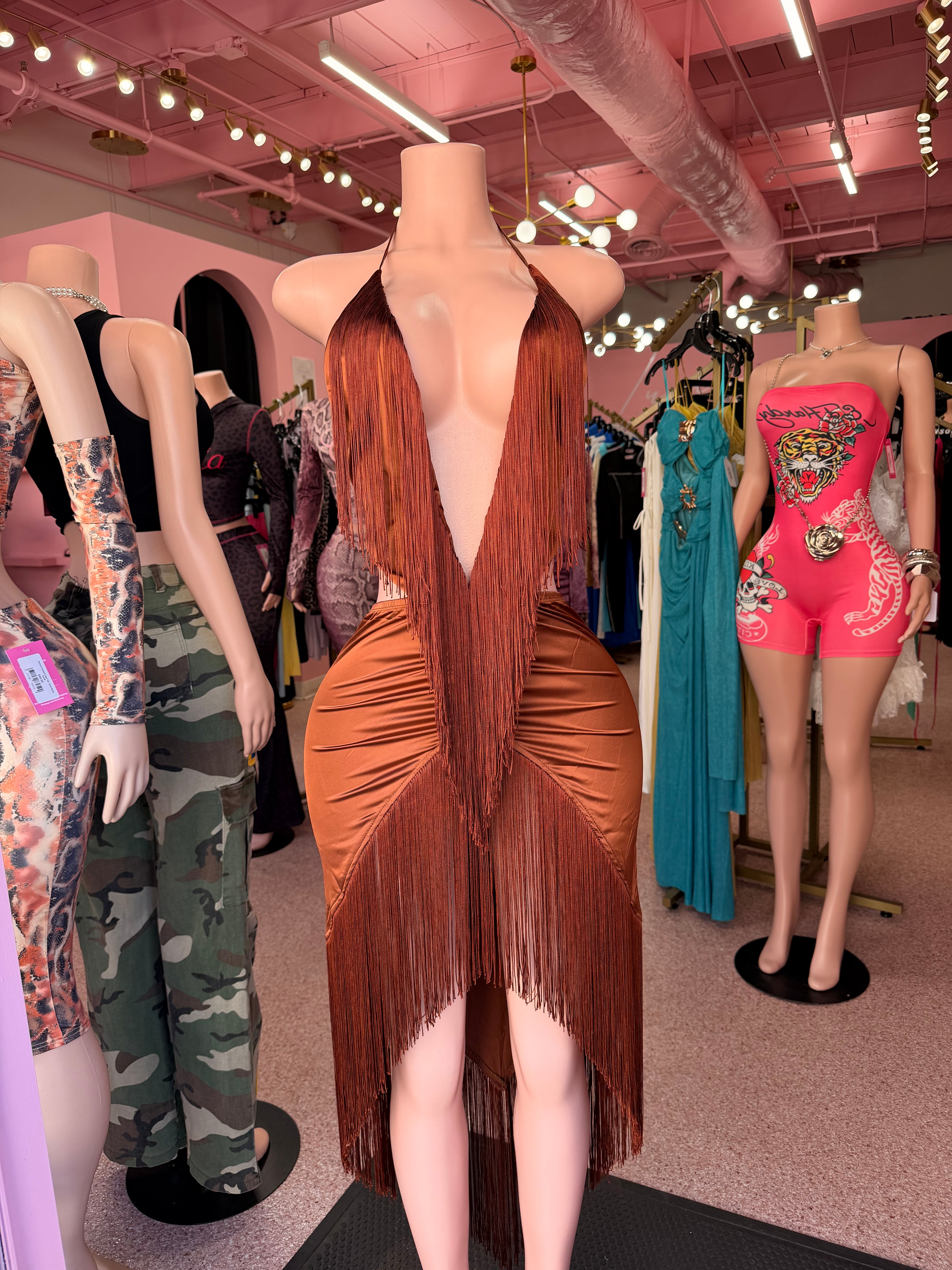 Forbidden Fantasy Fringe Dress – Brown