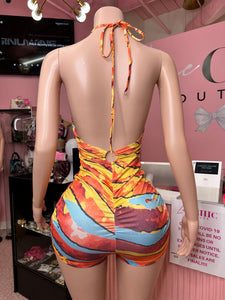 Island Tingz Backless Romper- Orange Multi