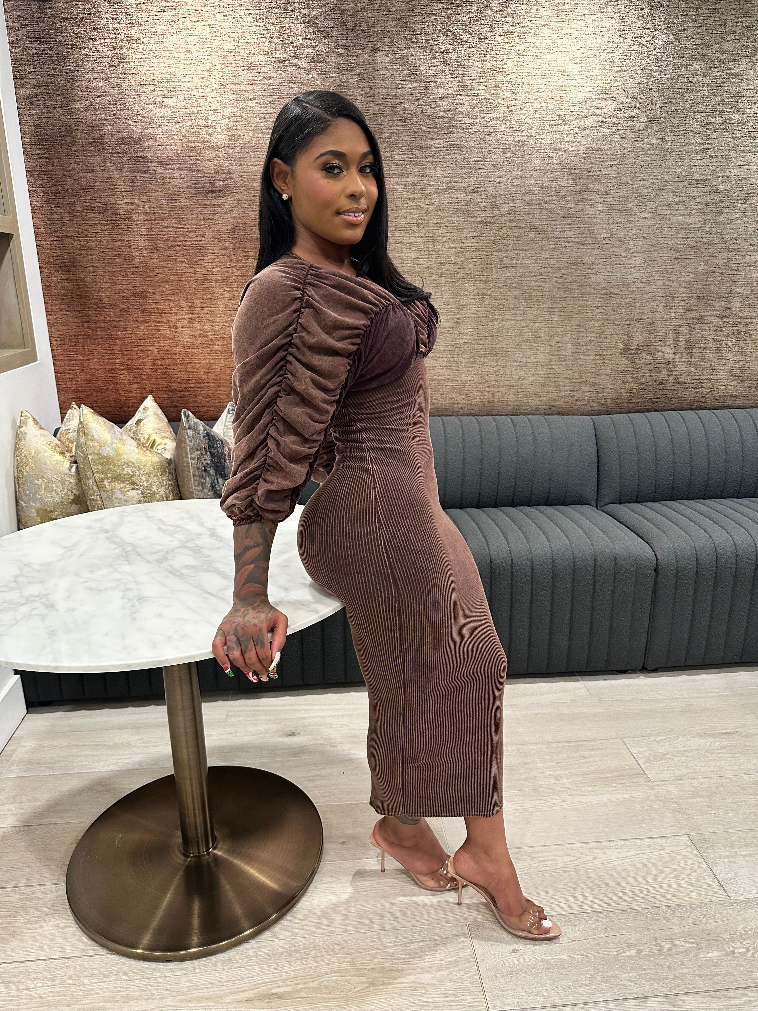 Washed Ruched Contrast Midi Dress- Espresso