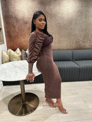 Washed Ruched Contrast Midi Dress- Espresso