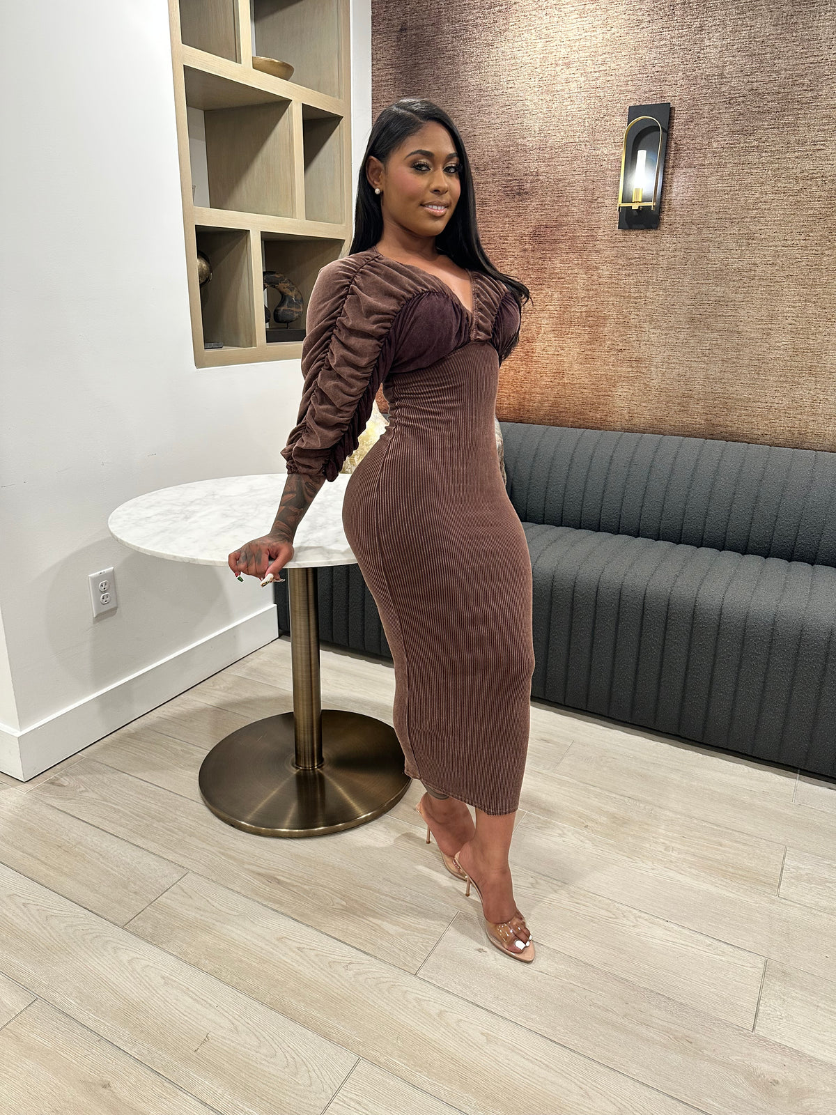 Washed Ruched Contrast Midi Dress- Espresso