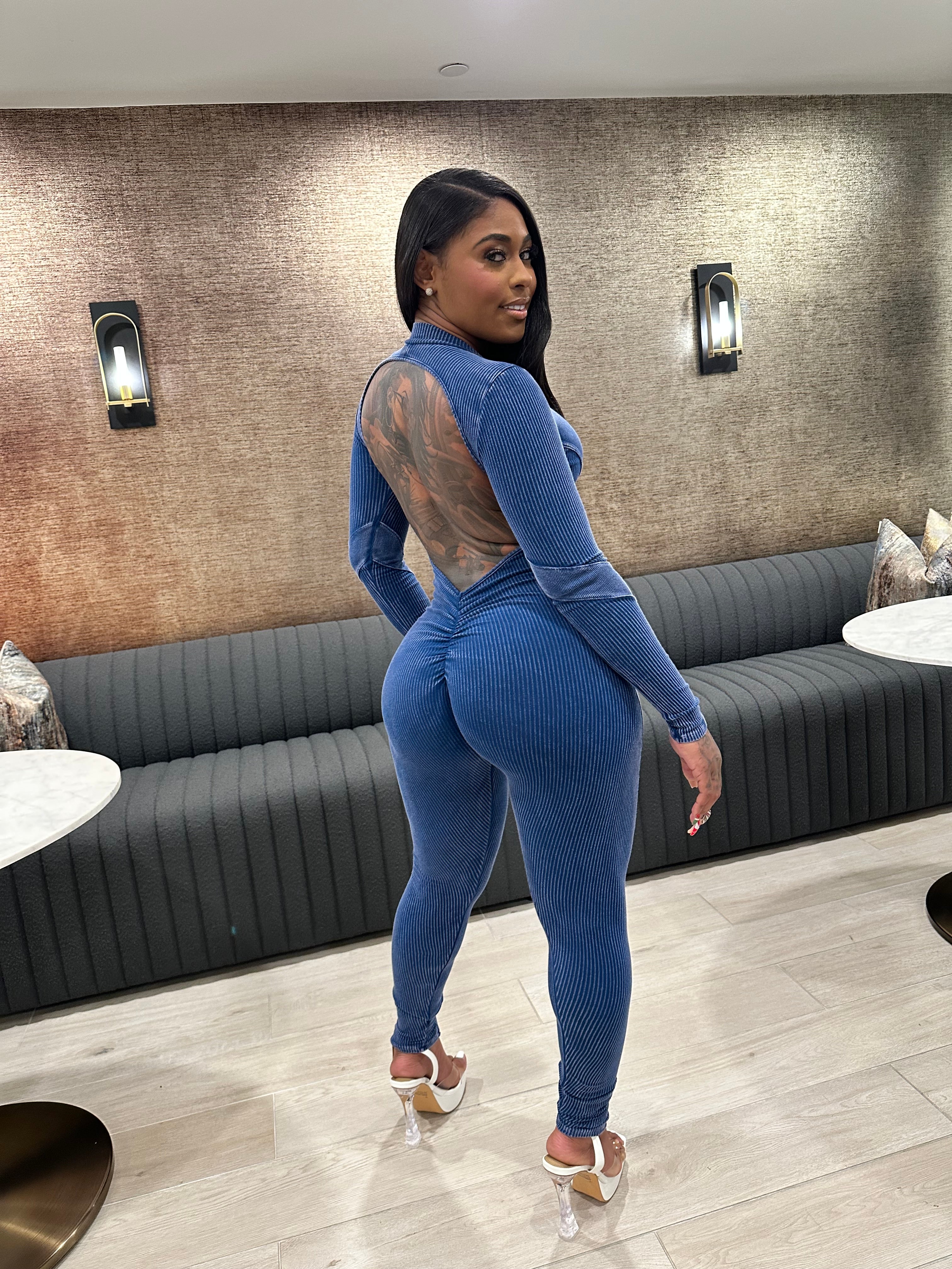 Washed Open Back Jumpsuit – Navy