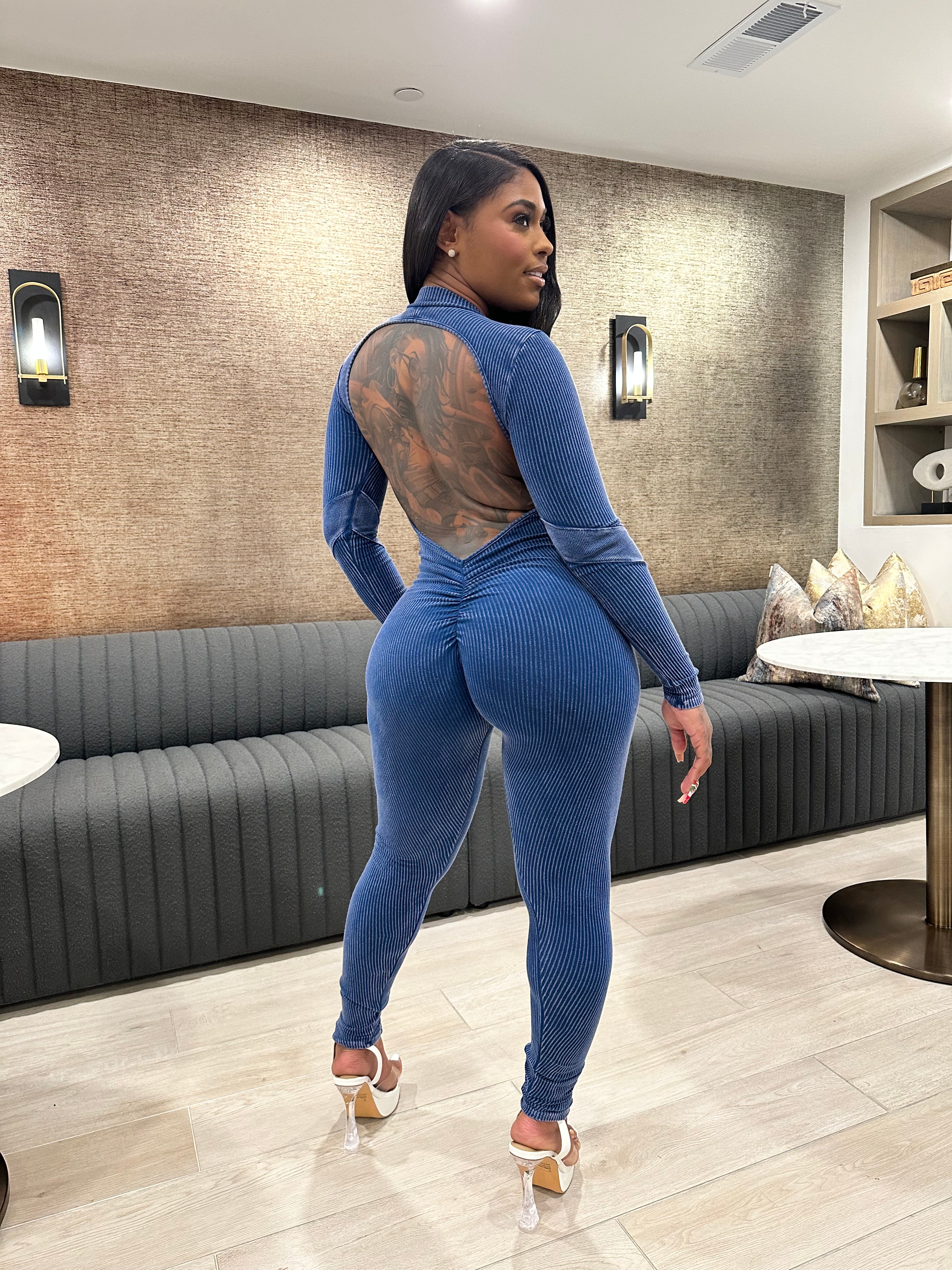 Washed Open Back Jumpsuit – Navy