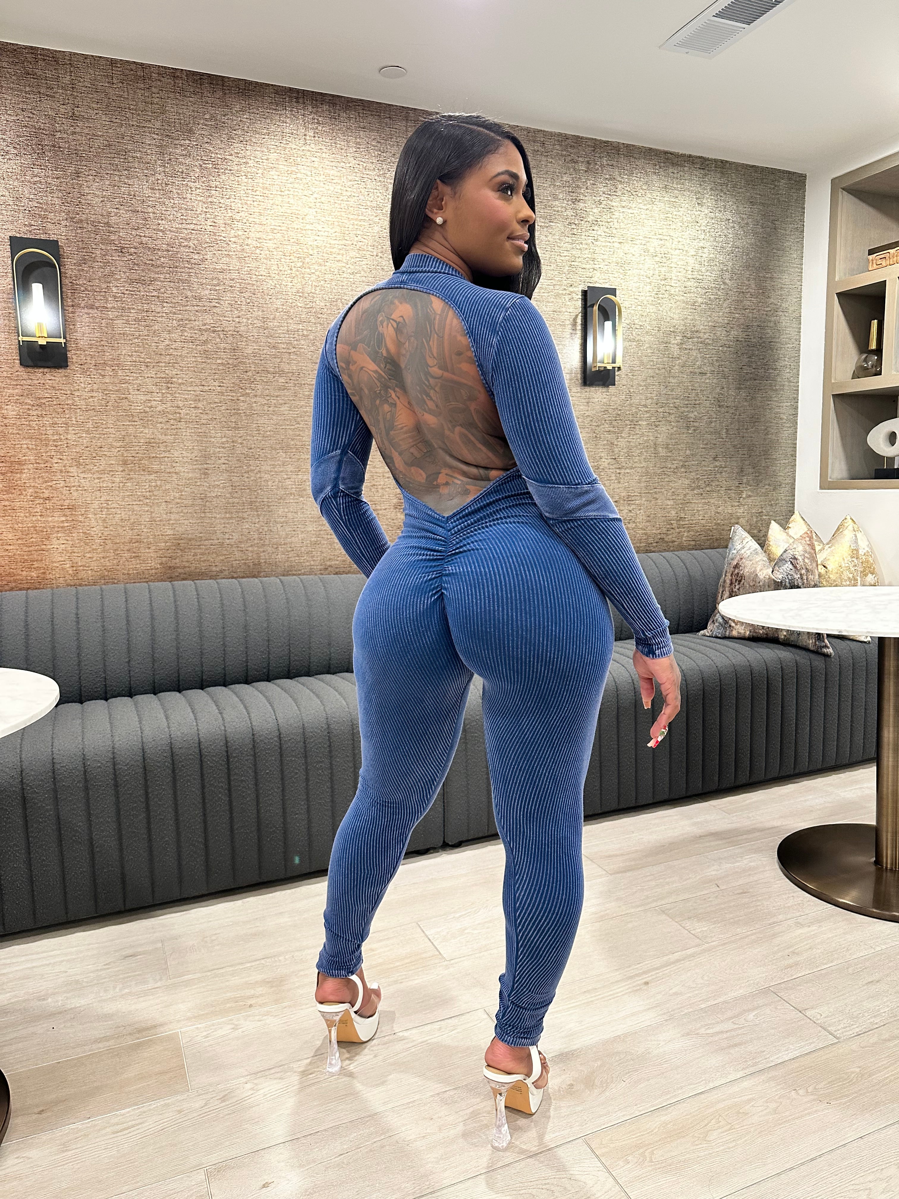 Washed Open Back Jumpsuit – Navy