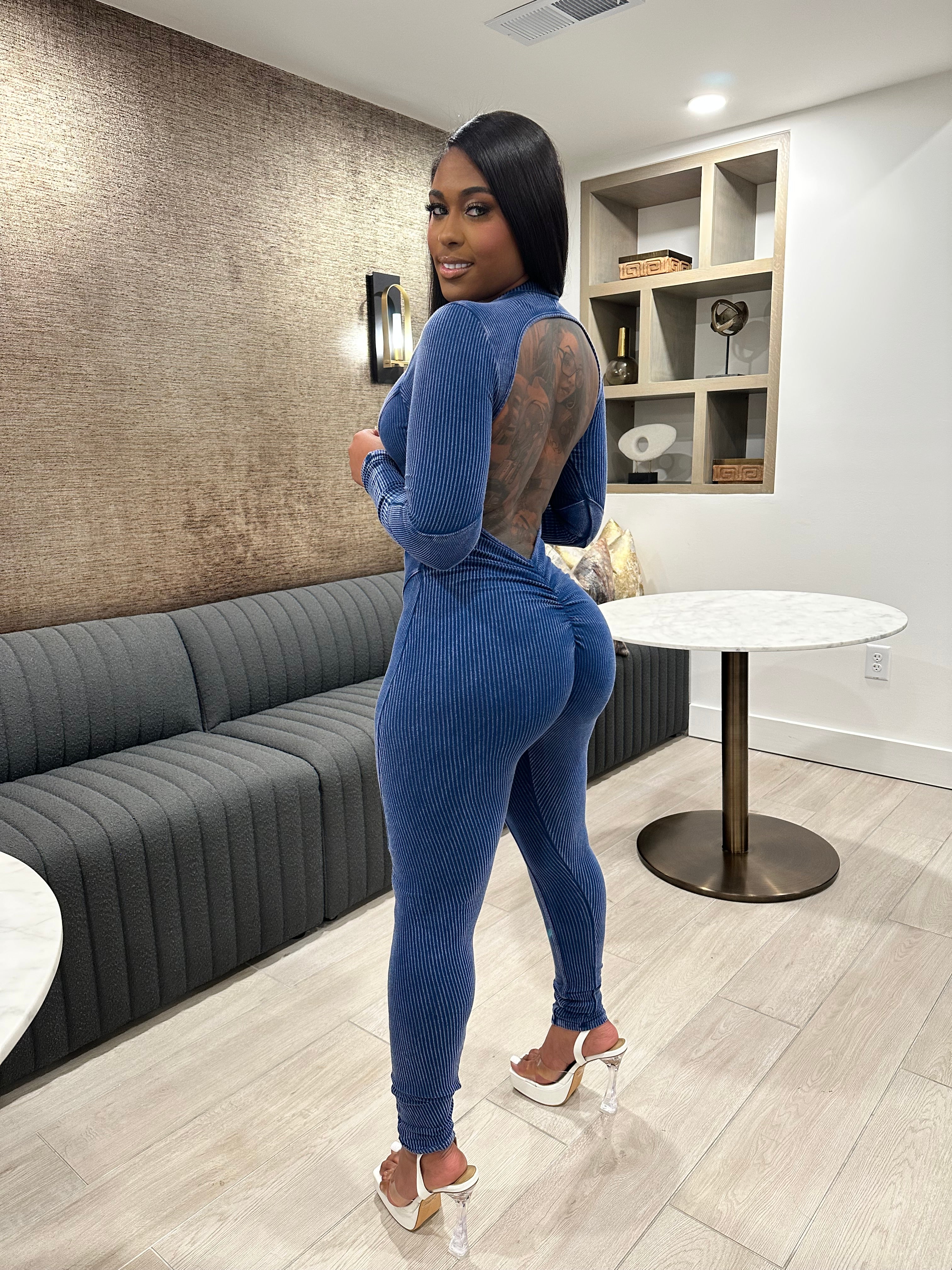 Washed Open Back Jumpsuit – Navy