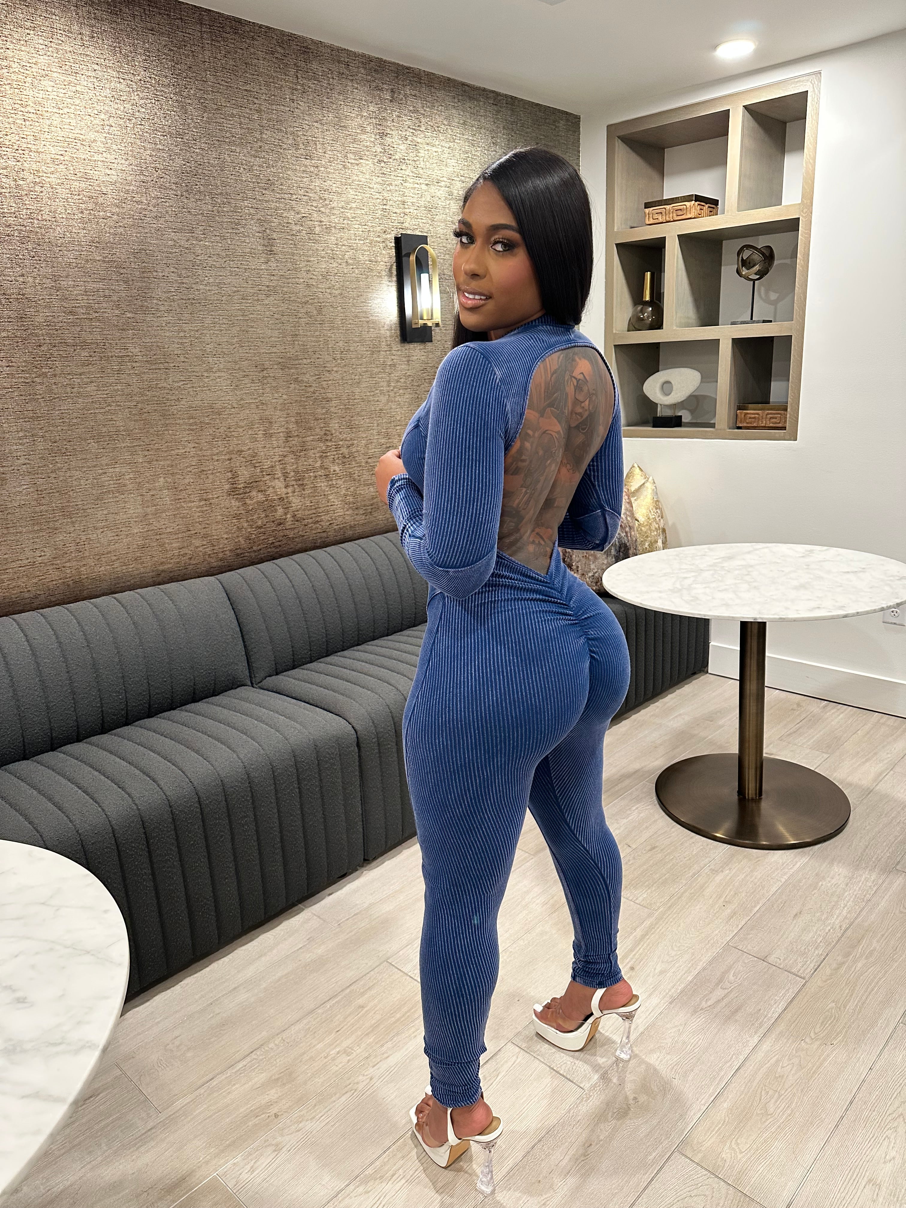 Washed Open Back Jumpsuit – Navy