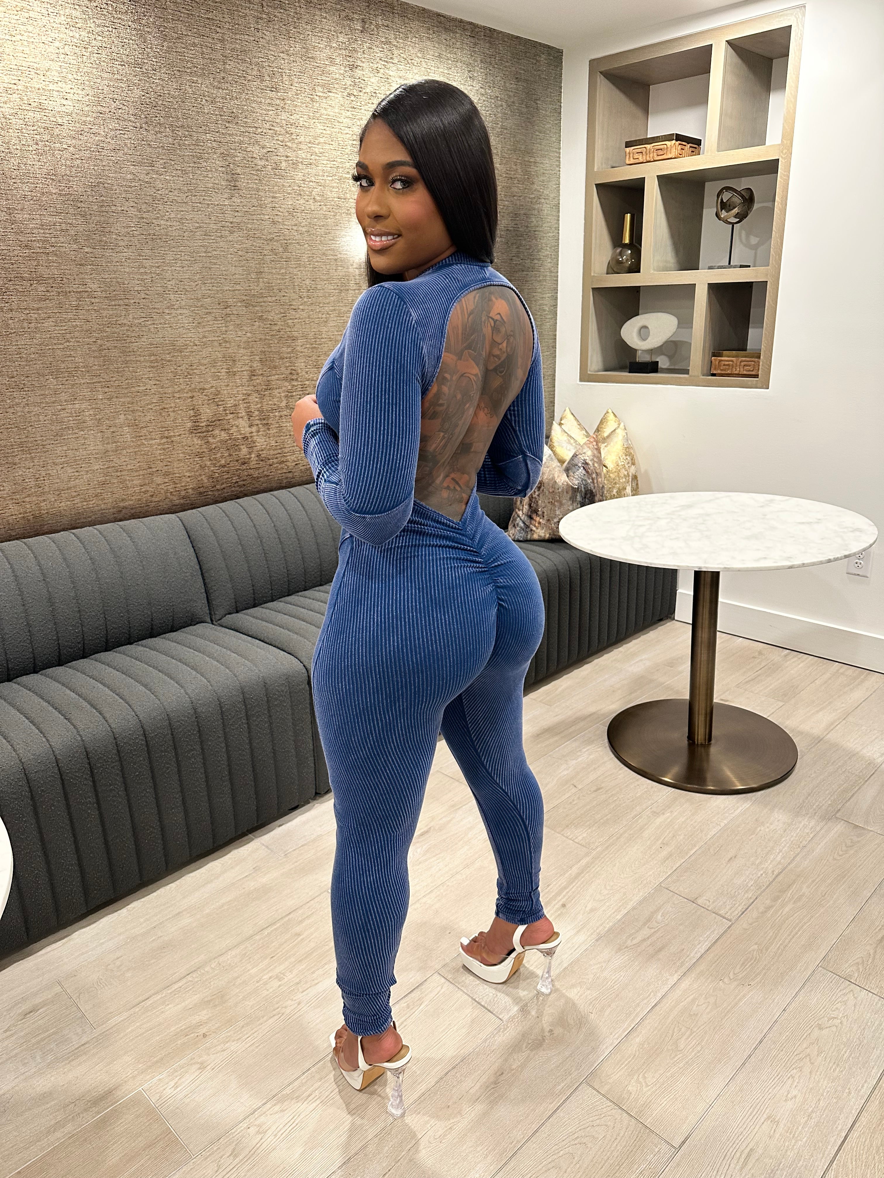 Washed Open Back Jumpsuit – Navy