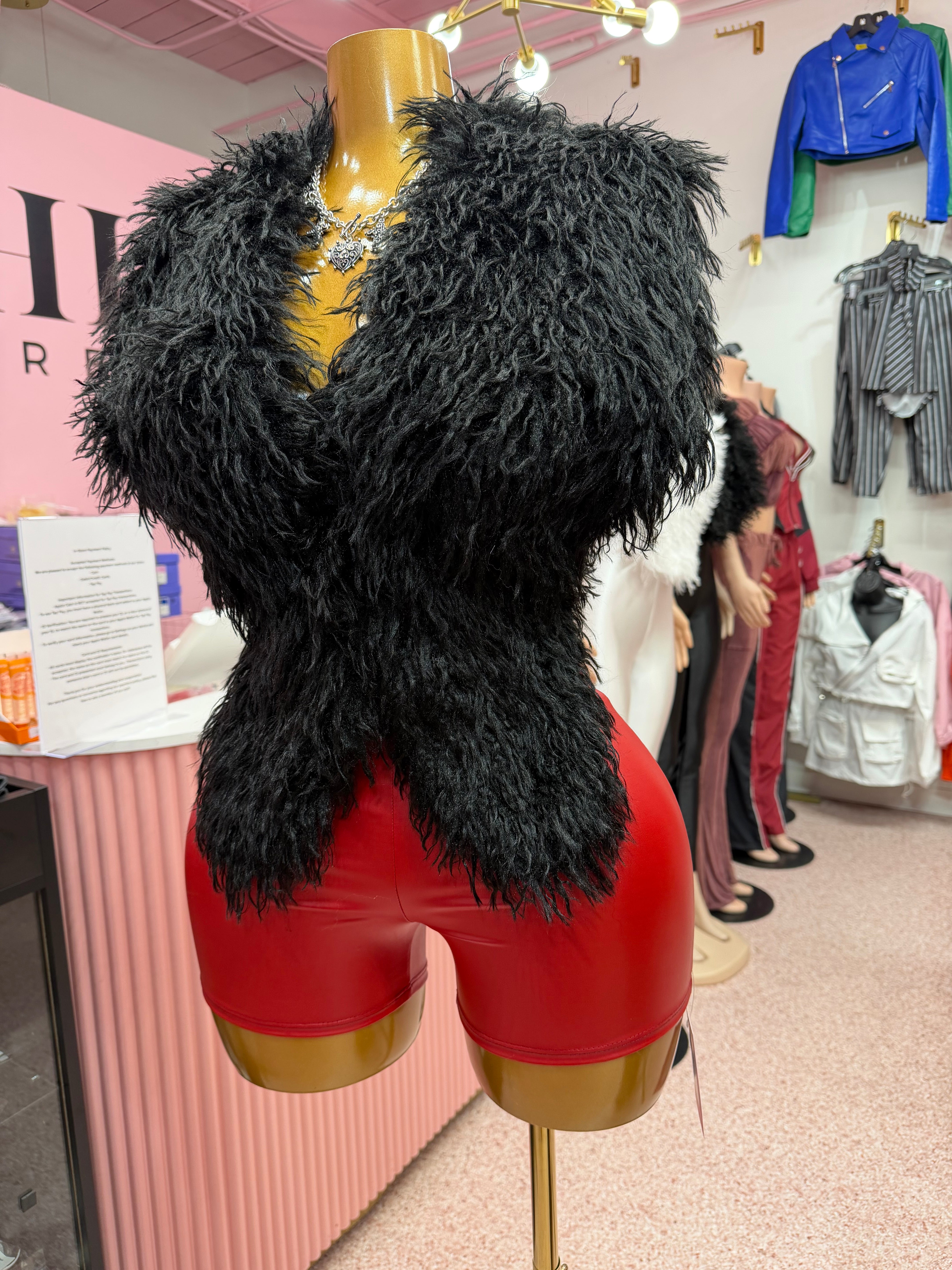 Shaggy Mongolian Halter Top- Black