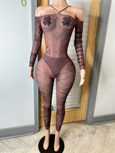 Rattling Around Mesh Bodysuit & Legging Set- Brown