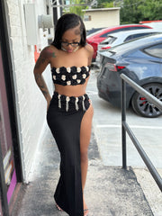 Amelia 3D Floral Embellished Crop Top & High-Waisted Side-Slit Maxi Skirt Set- Black