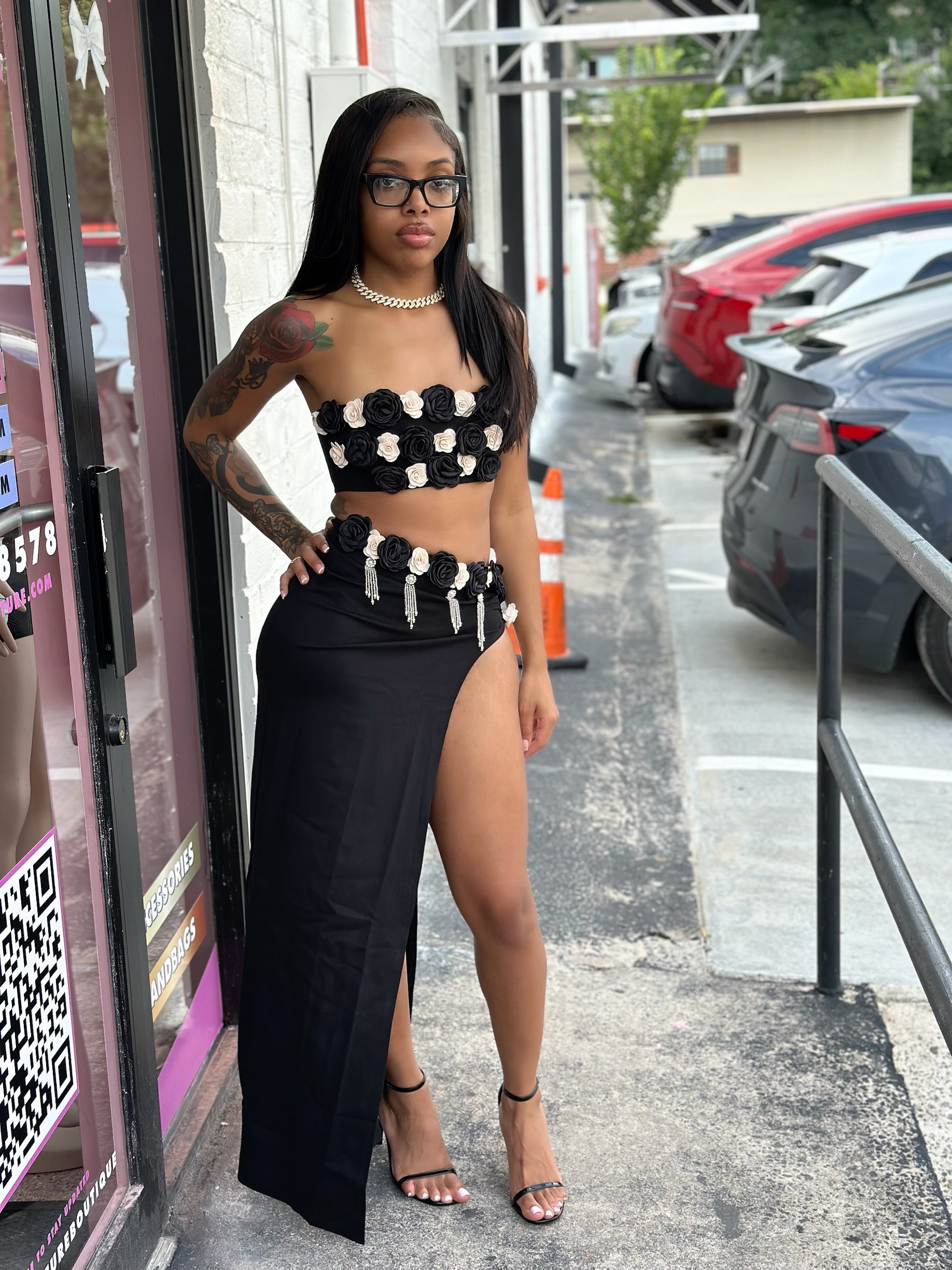 Amelia 3D Floral Embellished Crop Top & High-Waisted Side-Slit Maxi Skirt Set- Black