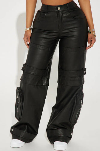 Street Chic Faux Leather Cargo Pants- Black