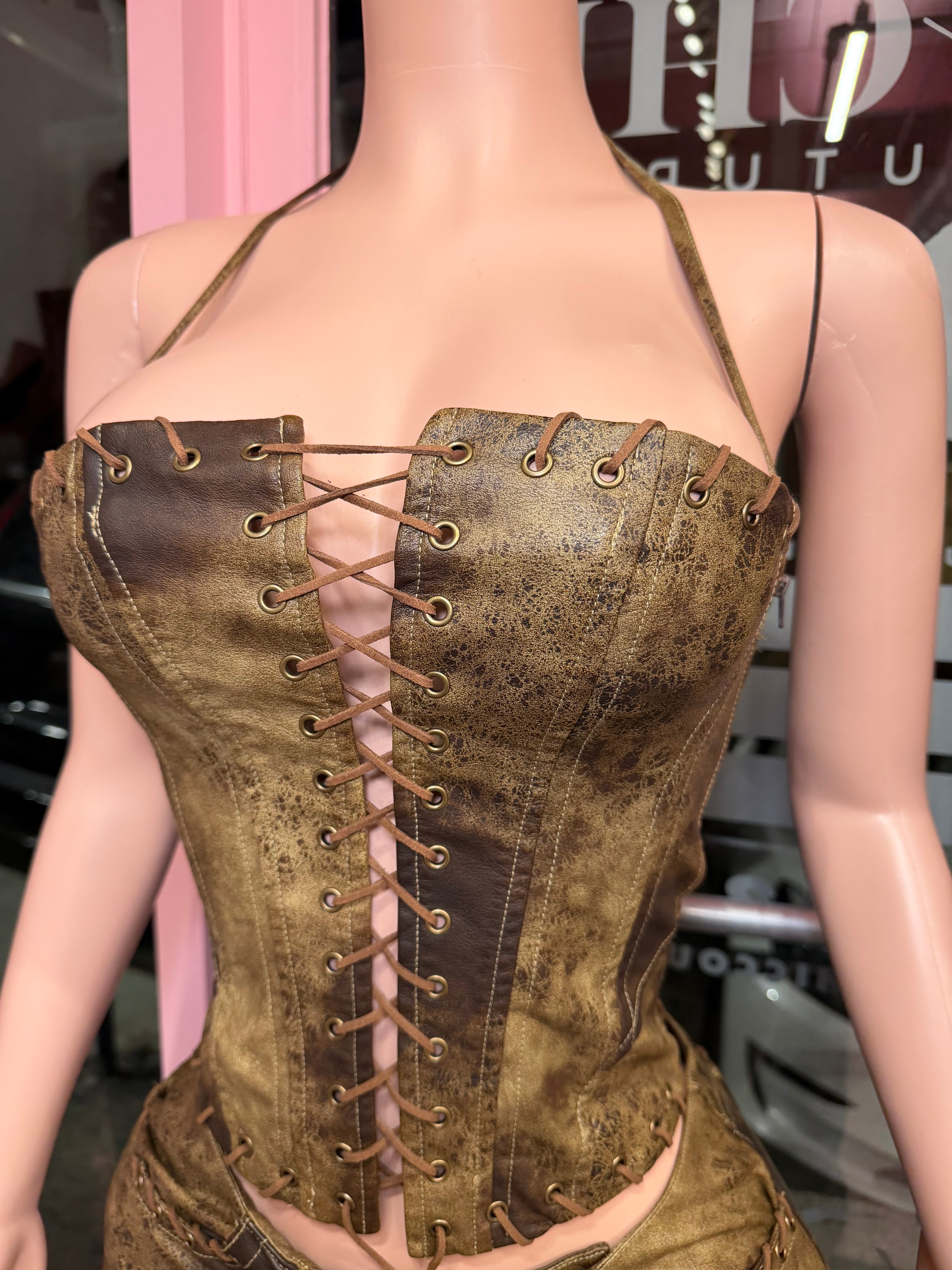 Desert Distressed Leather Corset & Short Set- Brown